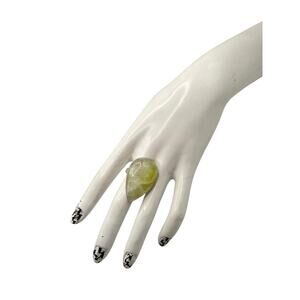 Vintage Oversized Teardrop Prehnite Ring - Silver Plated - Size 10.5
